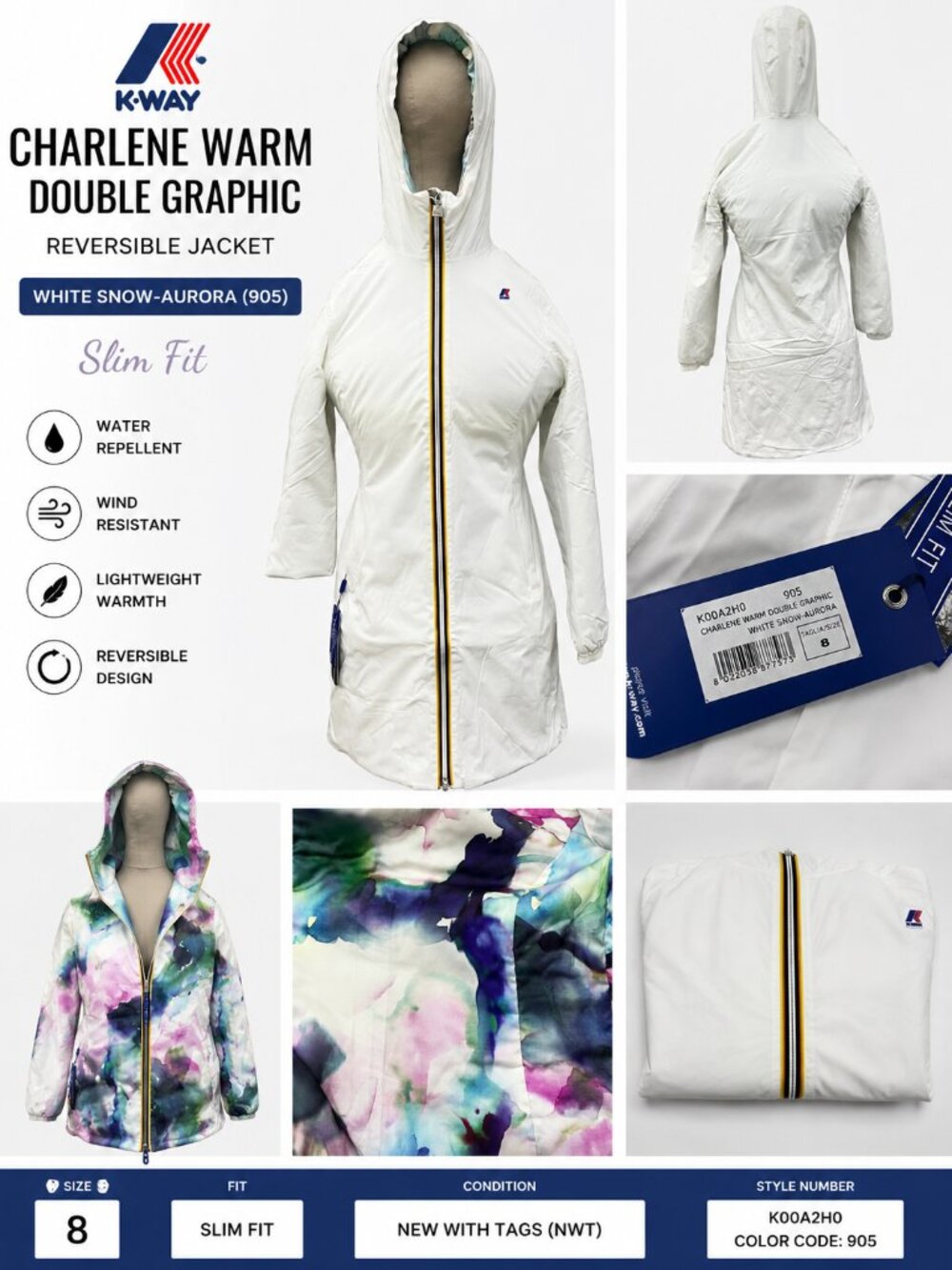 NWT K-Way Charlene Warm Double Reversible Jacket White Aurora Size 8